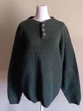 Men's Vintage Dark Green Knit Henley Sweater, Cherokee Medium, Heavy, Cotton